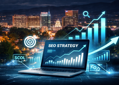 Boise skyline at night with the Idaho State Capitol illuminated, overlaid with rising SEO analytics charts and a laptop displaying “SEO Strategy,” symbolizing a revenue-driven Boise SEO strategy and digital growth engine.