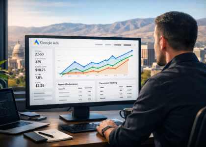 Boise Google Ads optimization dashboard showing increasing conversions and revenue metrics on a desktop screen with the Boise skyline in the background.