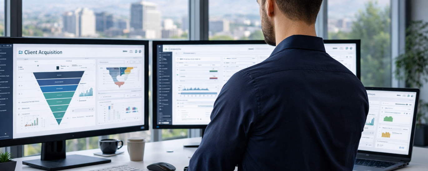 Business owner analyzing client acquisition dashboards and automated sales pipeline systems on multiple monitors in a modern office, representing Boise client acquisition systems and scalable revenue growth.