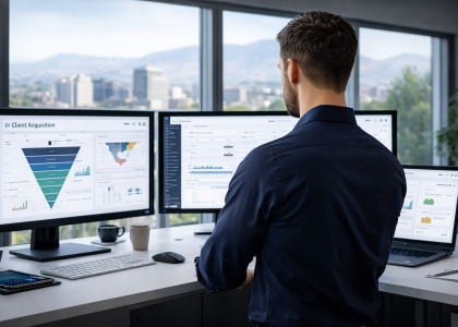 Business owner analyzing client acquisition dashboards and automated sales pipeline systems on multiple monitors in a modern office, representing Boise client acquisition systems and scalable revenue growth.