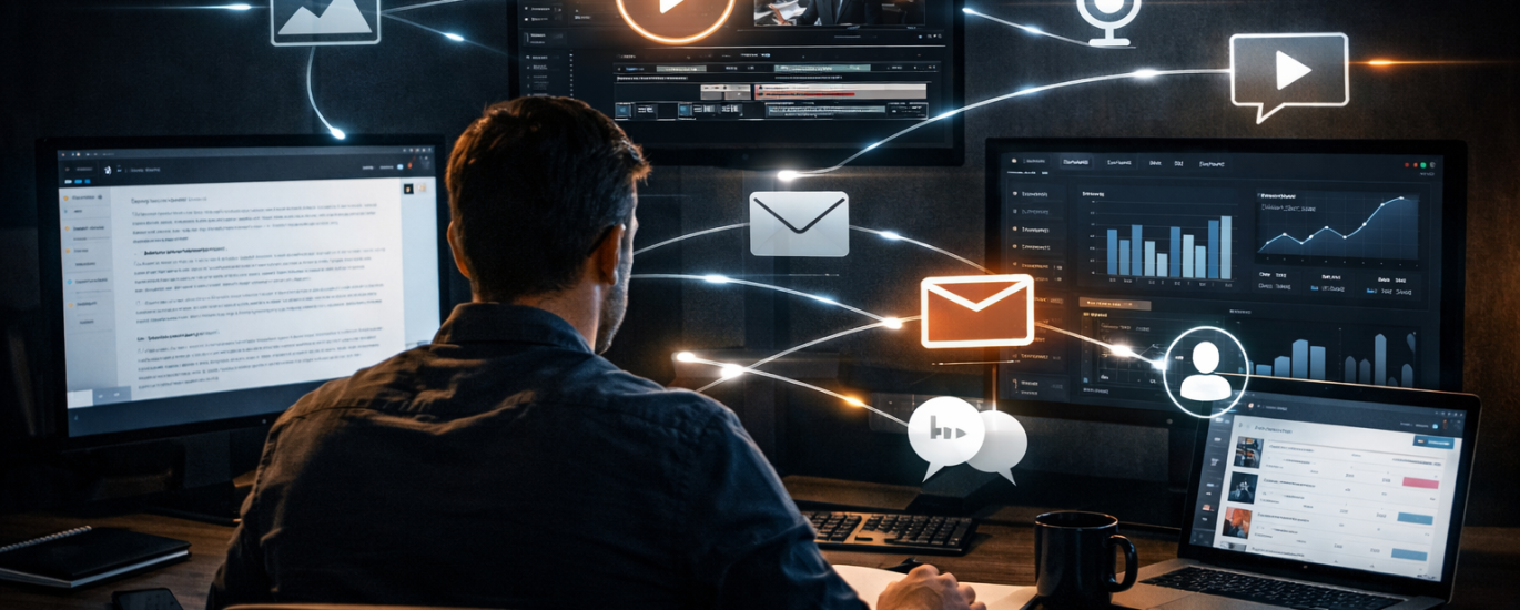 A content marketer working at a multi-screen desk with blog editing, video production, analytics dashboards, and connected digital icons illustrating a multimodal content marketing system.