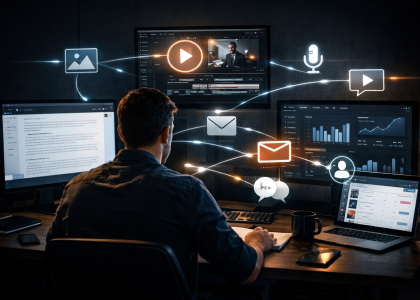 A content marketer working at a multi-screen desk with blog editing, video production, analytics dashboards, and connected digital icons illustrating a multimodal content marketing system.