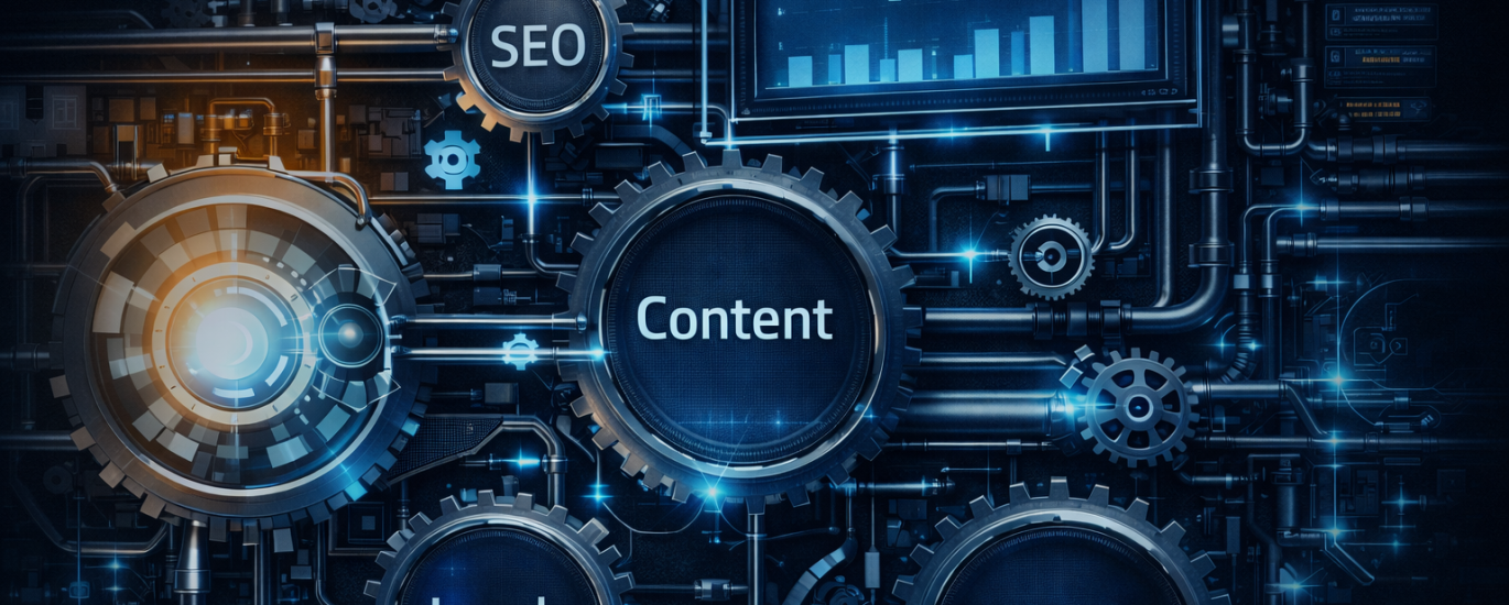Futuristic marketing system engine with interconnected gears labeled content, leads, automation, and SEO, representing scalable Boise marketing systems for small business growth