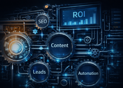 Futuristic marketing system engine with interconnected gears labeled content, leads, automation, and SEO, representing scalable Boise marketing systems for small business growth