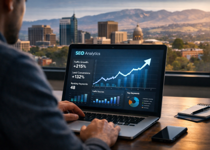 Boise SEO services dashboard on laptop showing traffic growth and conversion metrics with Boise skyline in background