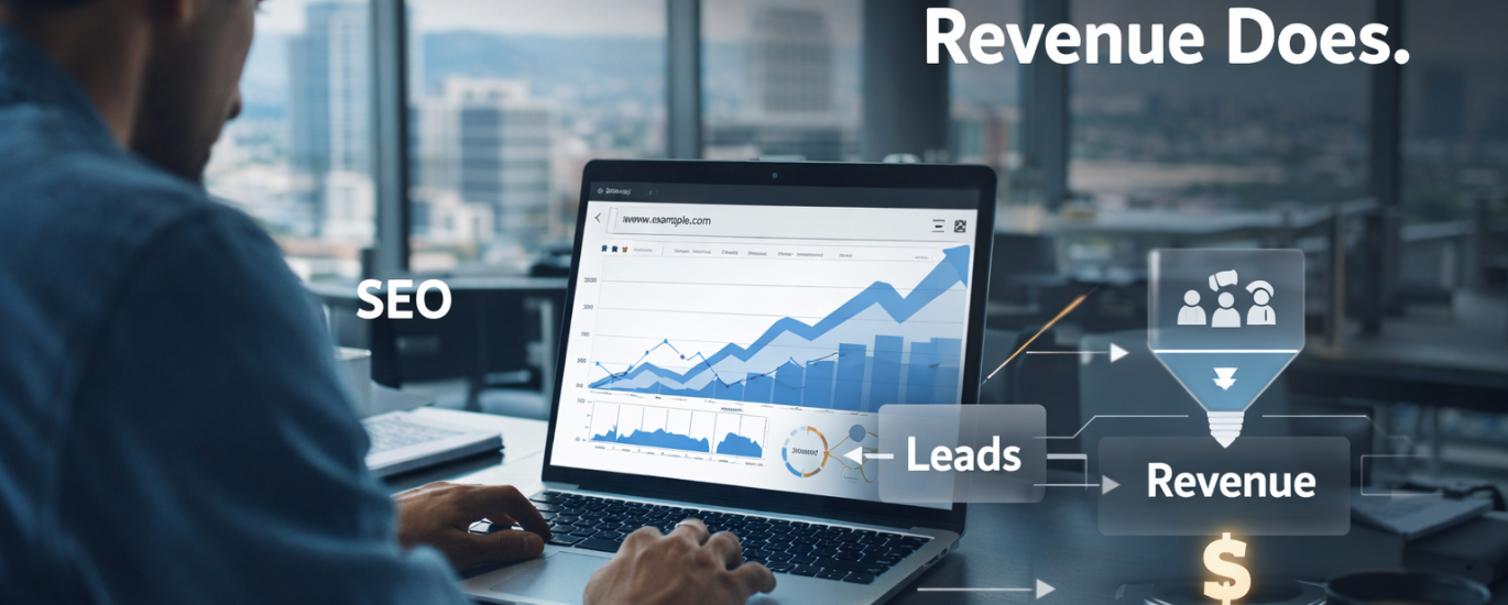 Boise small business owner analyzing SEO data on laptop with rising rankings, lead generation funnel, and revenue growth visualization in a modern office setting