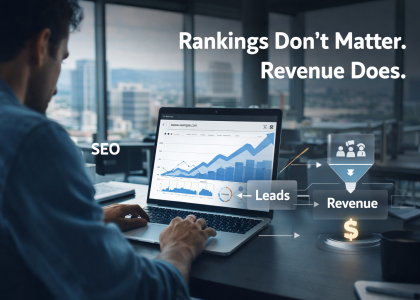 Boise small business owner analyzing SEO data on laptop with rising rankings, lead generation funnel, and revenue growth visualization in a modern office setting