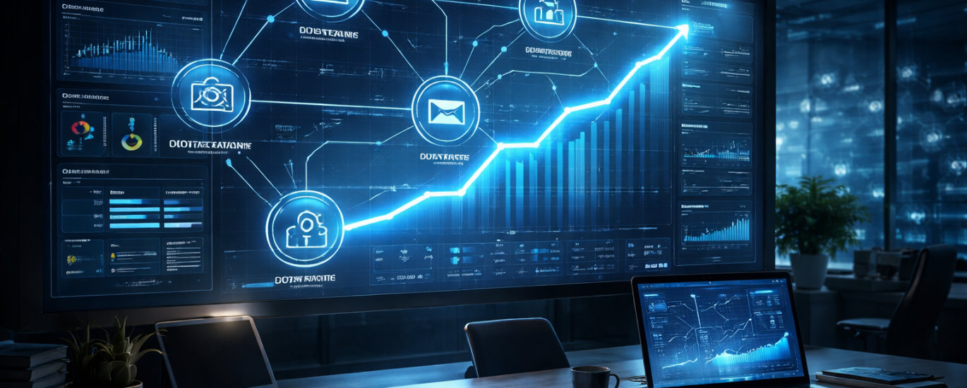 Boise digital growth systems dashboard showing marketing analytics, automation workflows, and rising SEO performance metrics.