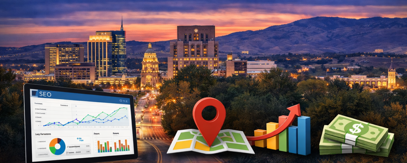 Boise skyline at sunset with SEO analytics dashboard, map pin, growth chart, and cash icons illustrating Boise local SEO services driving traffic, leads, and revenue growth