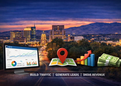Boise skyline at sunset with SEO analytics dashboard, map pin, growth chart, and cash icons illustrating Boise local SEO services driving traffic, leads, and revenue growth