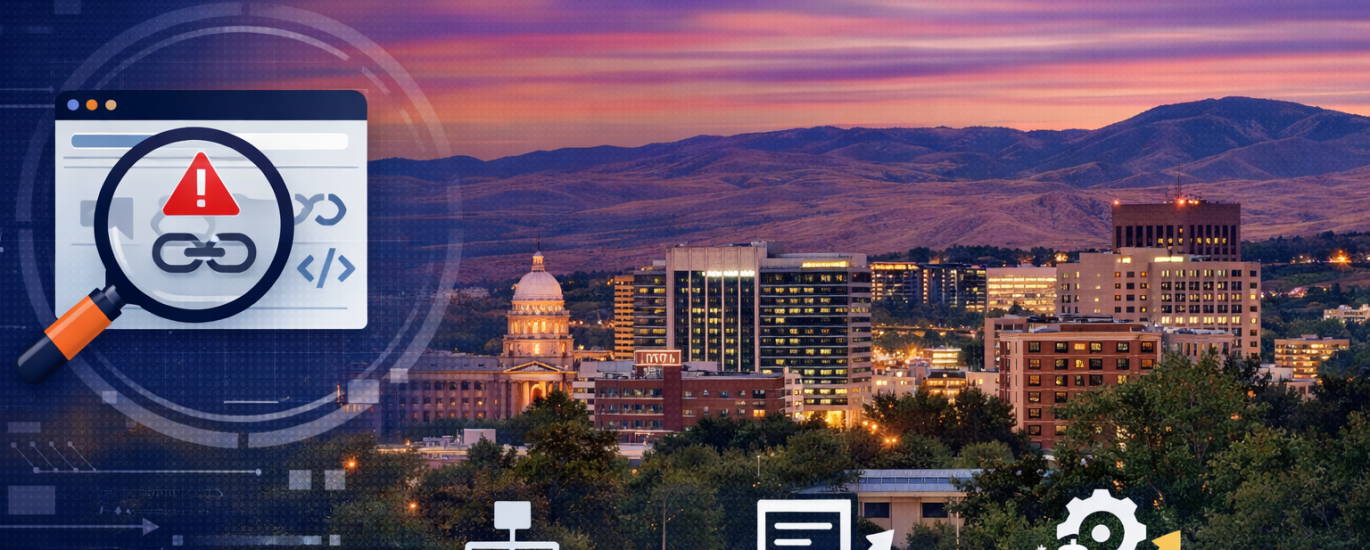 Boise skyline at sunset with technical SEO audit visuals highlighting crawl issues, indexing errors, and revenue impact for website optimization and organic growth