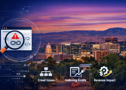 Boise skyline at sunset with technical SEO audit visuals highlighting crawl issues, indexing errors, and revenue impact for website optimization and organic growth