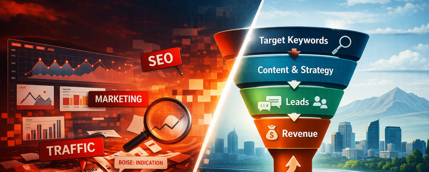 Split image of chaotic SEO data versus a clean funnel driving leads and revenue.