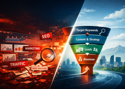 Split image of chaotic SEO data versus a clean funnel driving leads and revenue.