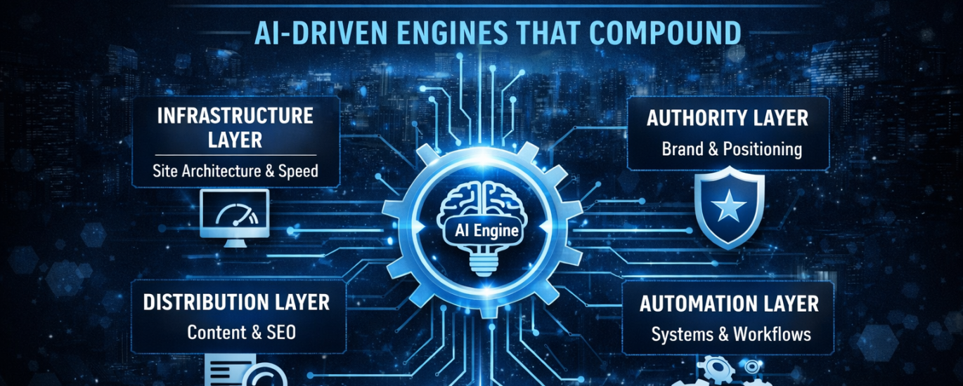 Boise growth systems infographic showing an AI-driven marketing engine with layers for infrastructure, brand authority, content distribution, and automation designed to scale business growth.