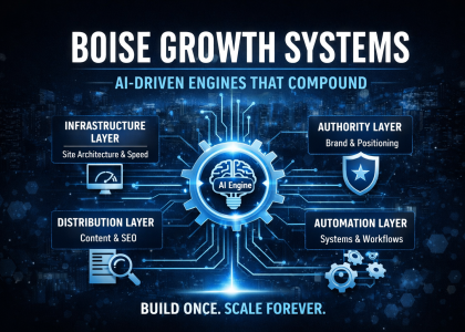 Boise growth systems infographic showing an AI-driven marketing engine with layers for infrastructure, brand authority, content distribution, and automation designed to scale business growth.