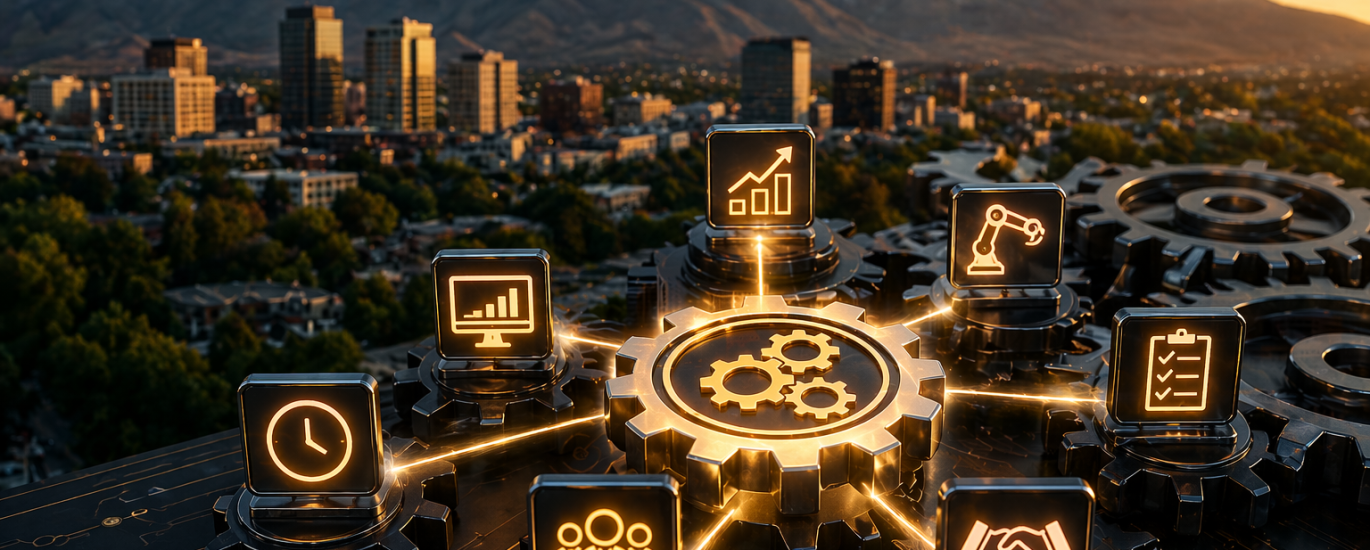 Boise city skyline at sunset with glowing interconnected gears and digital icons representing business automation systems, scalability, and workflow optimization for modern companies