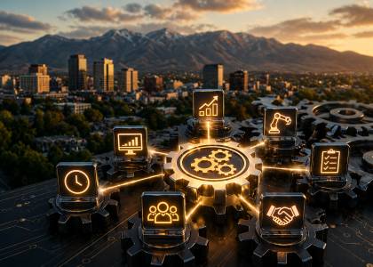 Boise city skyline at sunset with glowing interconnected gears and digital icons representing business automation systems, scalability, and workflow optimization for modern companies
