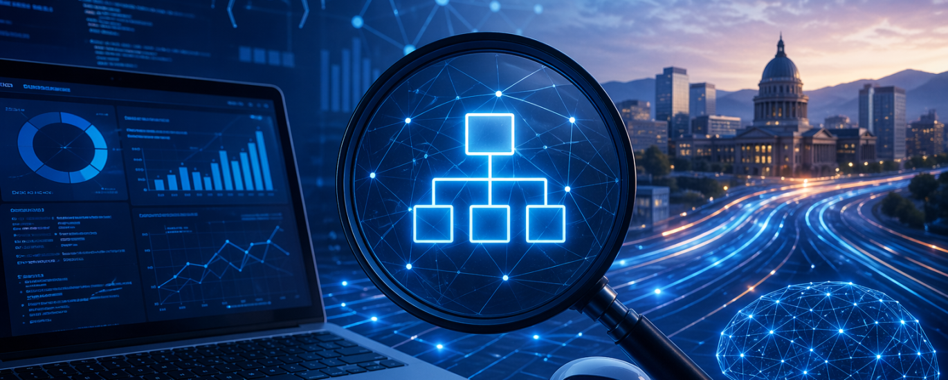 Futuristic AI-driven technical SEO concept showing a magnifying glass over a structured website diagram, with a laptop displaying analytics, a digital brain network, and a modern cityscape representing data flow and search visibility systems