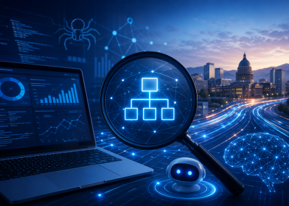 Futuristic AI-driven technical SEO concept showing a magnifying glass over a structured website diagram, with a laptop displaying analytics, a digital brain network, and a modern cityscape representing data flow and search visibility systems