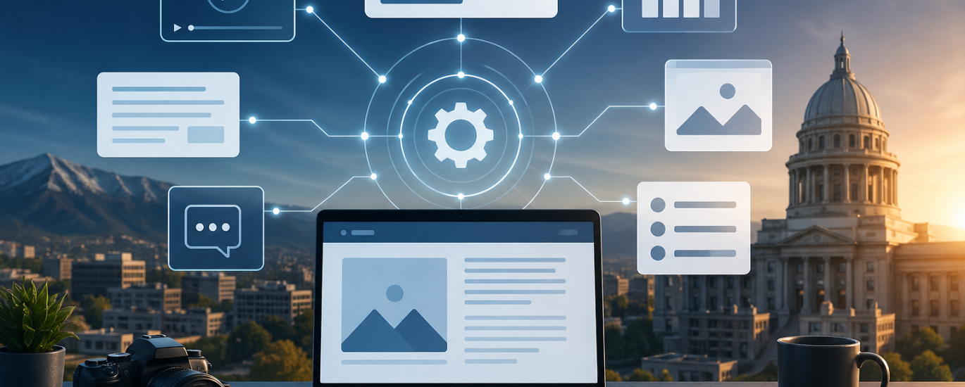 Boise content marketing strategy visual showing a multimodal content engine with interconnected digital assets, representing SEO, video, blogs, and conversion systems driving business growth