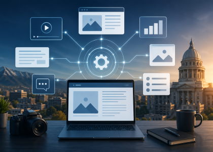 Boise content marketing strategy visual showing a multimodal content engine with interconnected digital assets, representing SEO, video, blogs, and conversion systems driving business growth