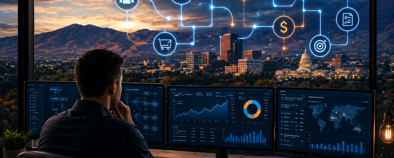 Boise business automation systems dashboard with entrepreneur monitoring multiple screens, overlooking city skyline and mountains, with connected digital workflow icons representing scalable growth and data-driven operations
