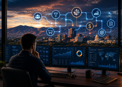 Boise business automation systems dashboard with entrepreneur monitoring multiple screens, overlooking city skyline and mountains, with connected digital workflow icons representing scalable growth and data-driven operations