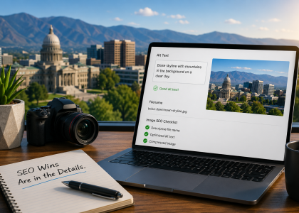 Boise city skyline with mountains viewed from a modern workspace featuring a laptop, camera, notebook, and coffee on a wooden desk