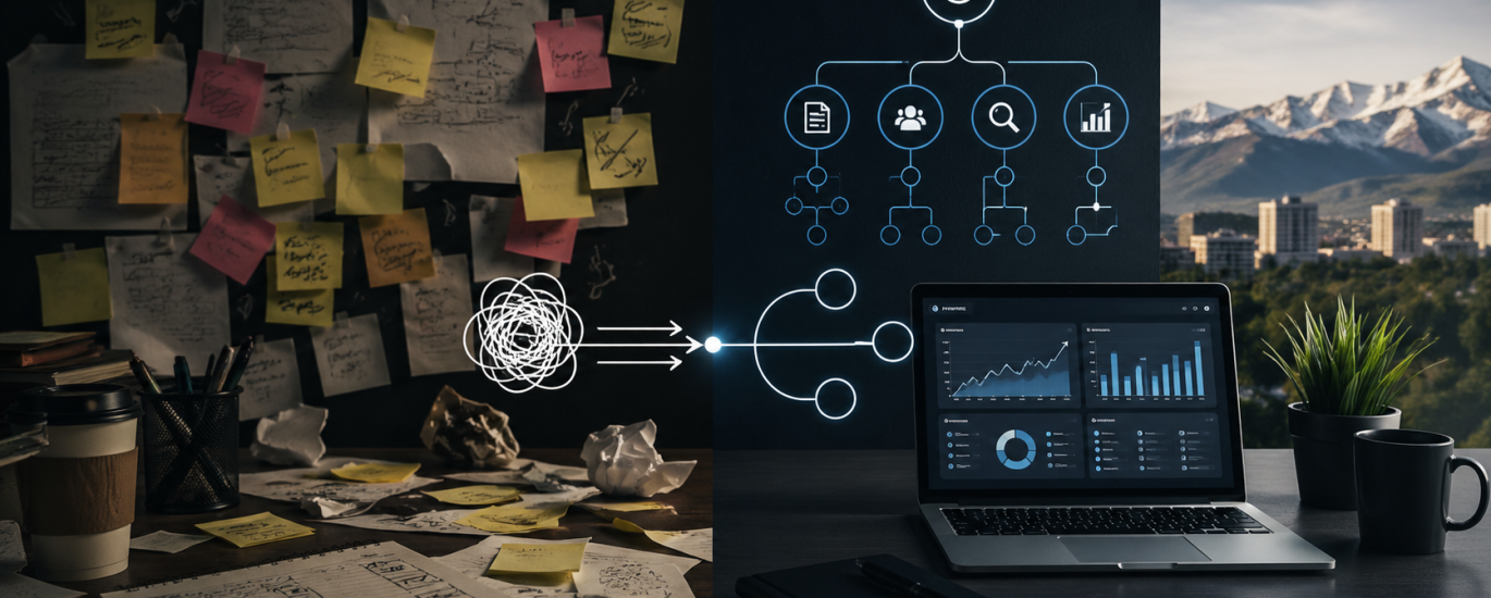 Boise content marketing strategy visual showing transformation from chaotic content creation to structured content pillar system for scalable growth