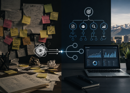 Boise content marketing strategy visual showing transformation from chaotic content creation to structured content pillar system for scalable growth