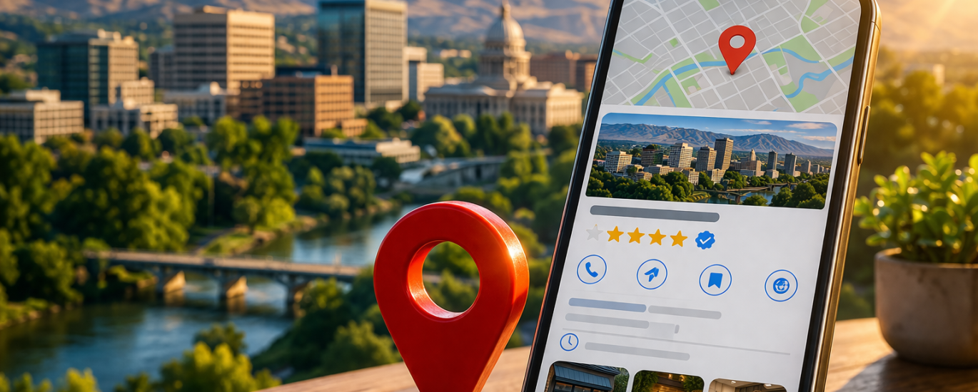 Boise city skyline at sunset with mountains in the background, featuring a smartphone displaying a local business profile map and a red location pin symbolizing Google Business Profile and local SEO visibility.