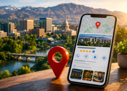 Boise city skyline at sunset with mountains in the background, featuring a smartphone displaying a local business profile map and a red location pin symbolizing Google Business Profile and local SEO visibility.