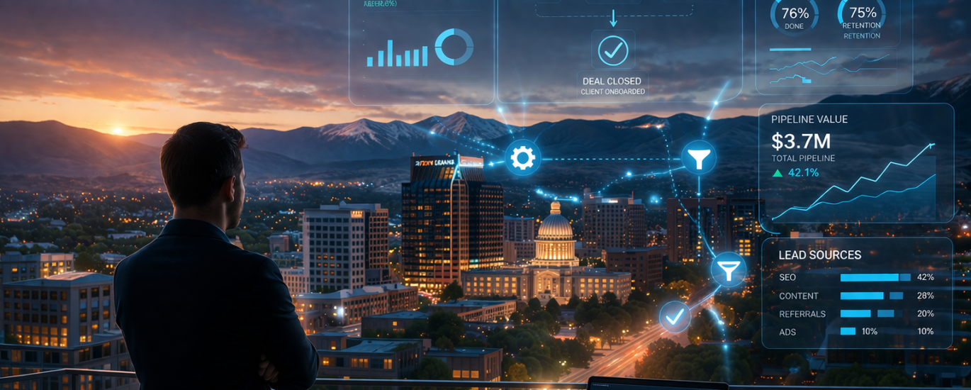 Boise skyline at dusk with a business owner overlooking a city powered by digital automation systems, representing scalable growth and operational efficiency by Legacy Engine™©