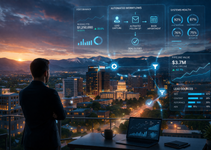 Boise skyline at dusk with a business owner overlooking a city powered by digital automation systems, representing scalable growth and operational efficiency by Legacy Engine™©