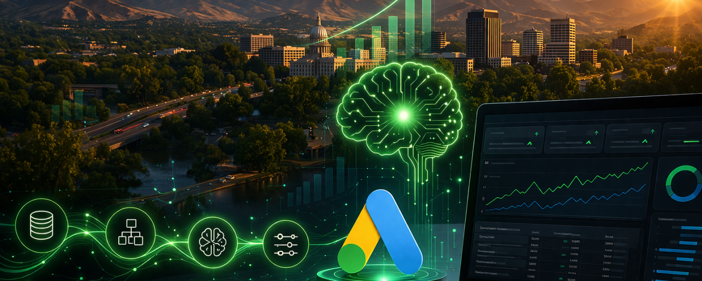 Futuristic AI-powered marketing dashboard with city skyline at sunset.