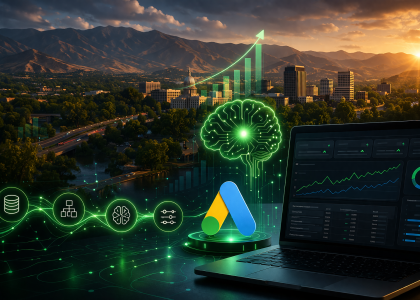 Futuristic AI-powered marketing dashboard with city skyline at sunset.