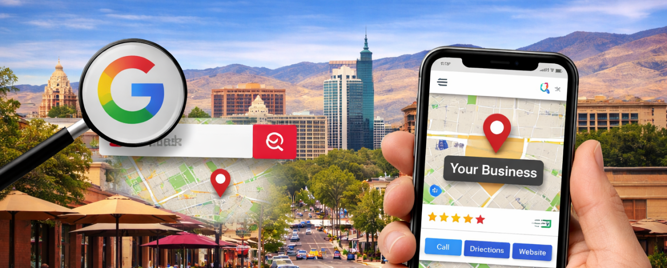 Boise local SEO concept showing a smartphone with a Google Business Profile listing on Google Maps, highlighting local search visibility, reviews, and business location in downtown Boise, Idaho.