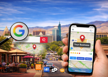 Boise local SEO concept showing a smartphone with a Google Business Profile listing on Google Maps, highlighting local search visibility, reviews, and business location in downtown Boise, Idaho.