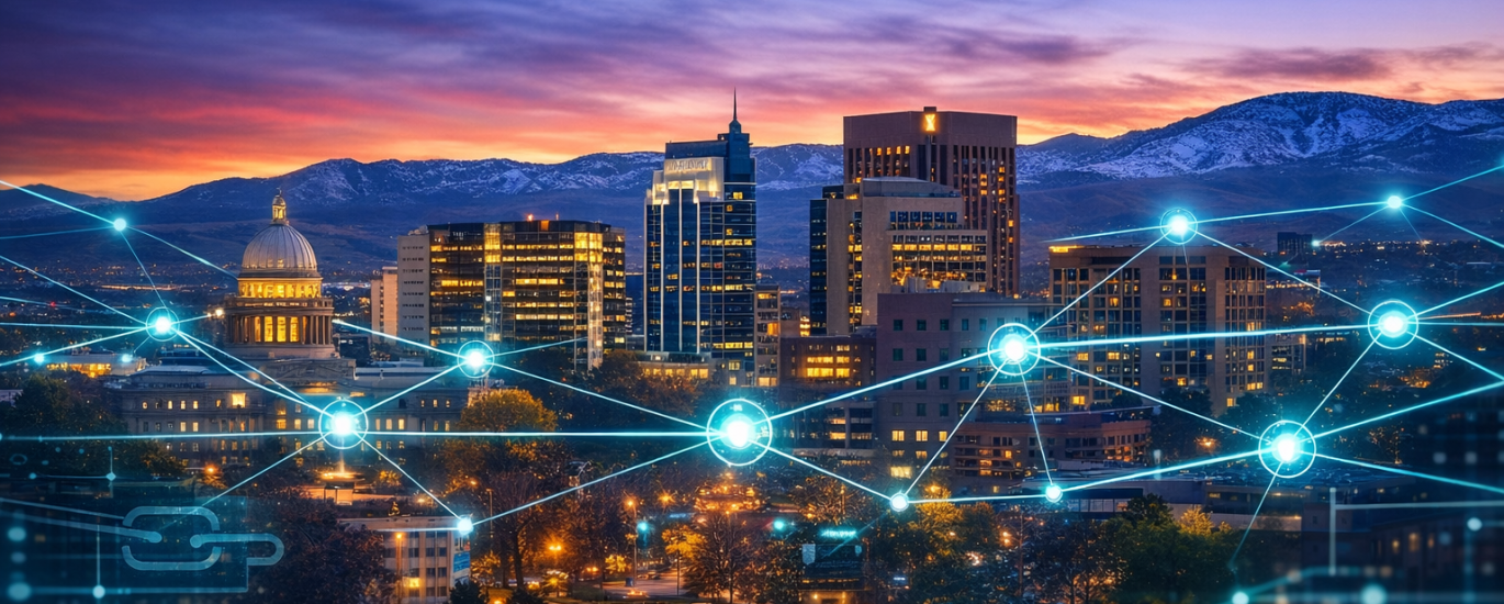 Boise skyline at sunset with digital network connections overlay, representing a high-quality backlink strategy and SEO authority growth for local businesses