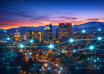 Boise skyline at sunset with digital network connections overlay, representing a high-quality backlink strategy and SEO authority growth for local businesses