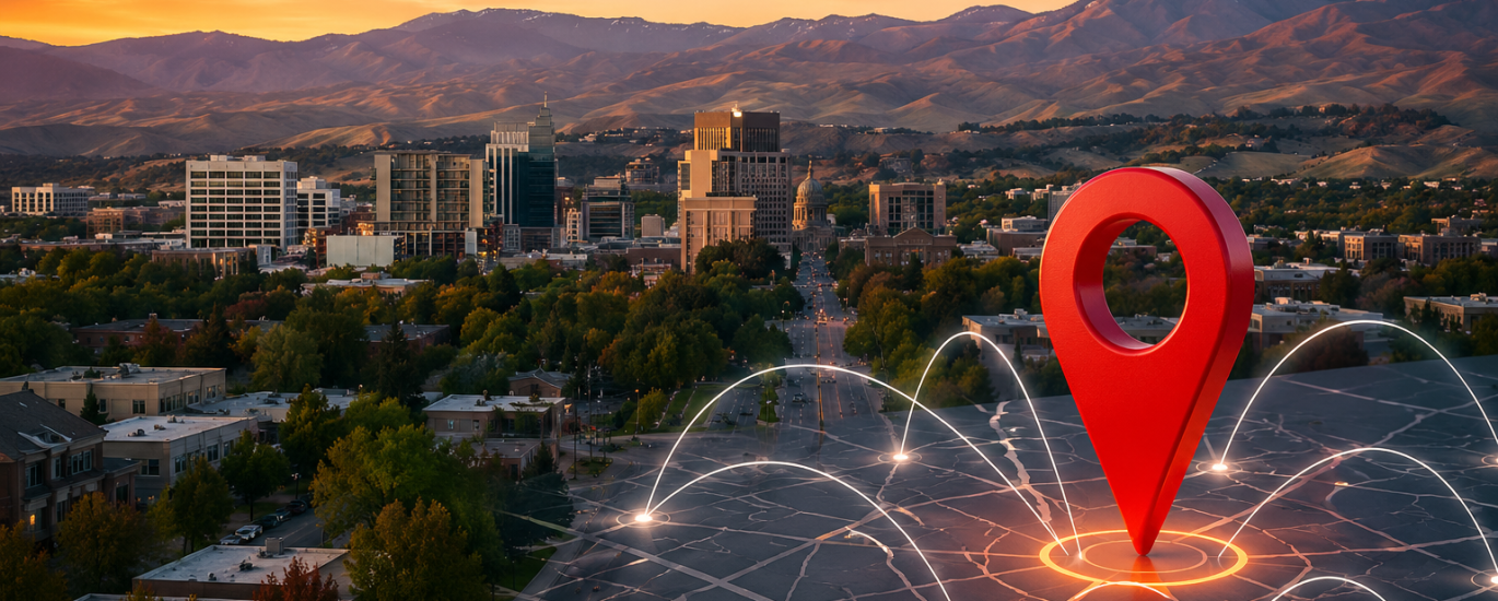 A futuristic Boise city skyline at sunset featuring a glowing digital location pin and connected network lines symbolizing local SEO growth, business visibility, and digital marketing infrastructure.