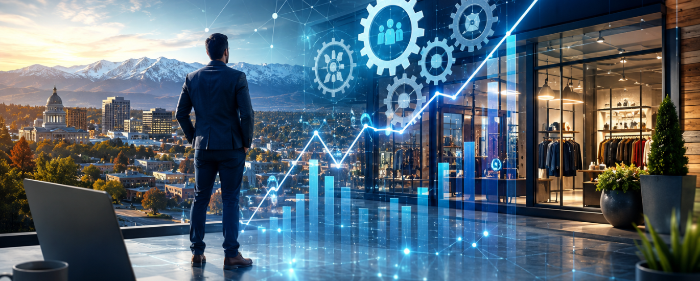 Futuristic business growth system visualization with AI automation and retail infrastructure strategy.
