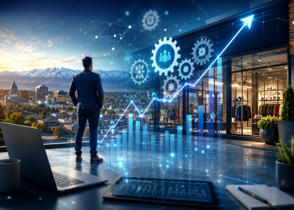 Futuristic business growth system visualization with AI automation and retail infrastructure strategy.