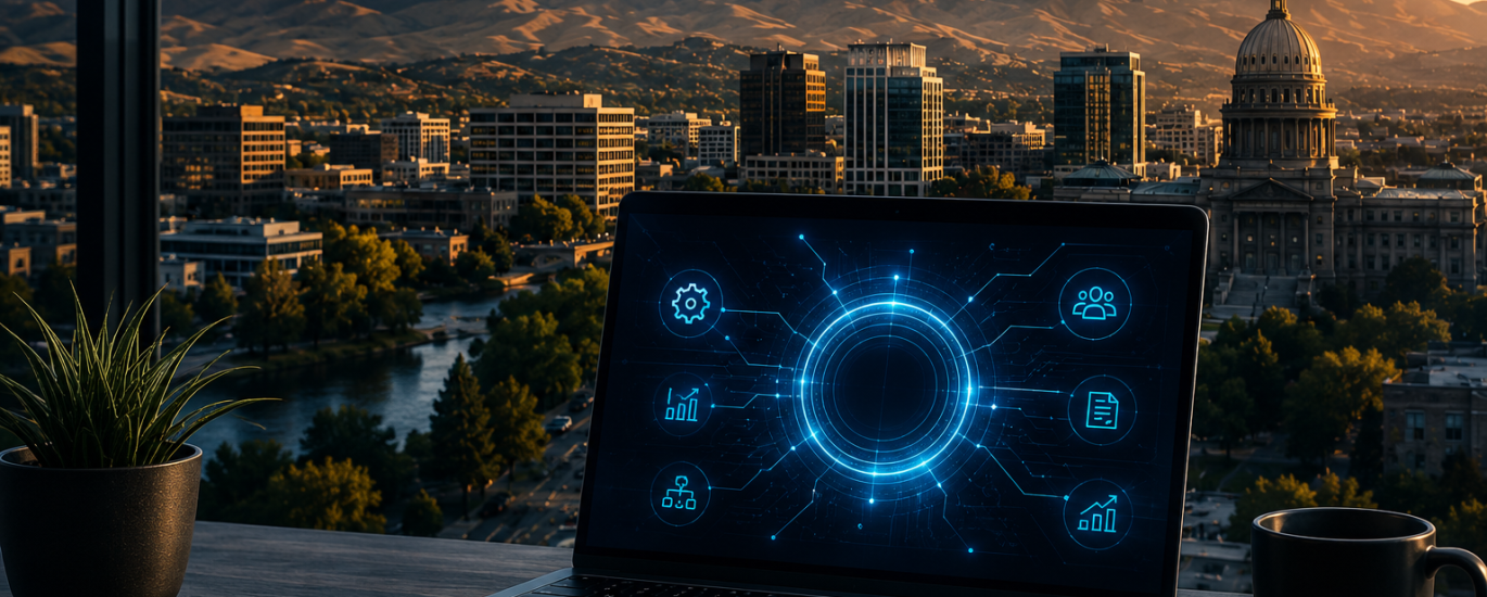 Modern laptop displaying AI-powered business automation dashboard overlooking downtown Boise skyline and mountains at sunset inside a sleek executive workspace.