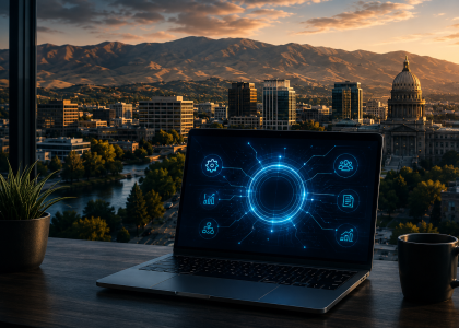 Modern laptop displaying AI-powered business automation dashboard overlooking downtown Boise skyline and mountains at sunset inside a sleek executive workspace.