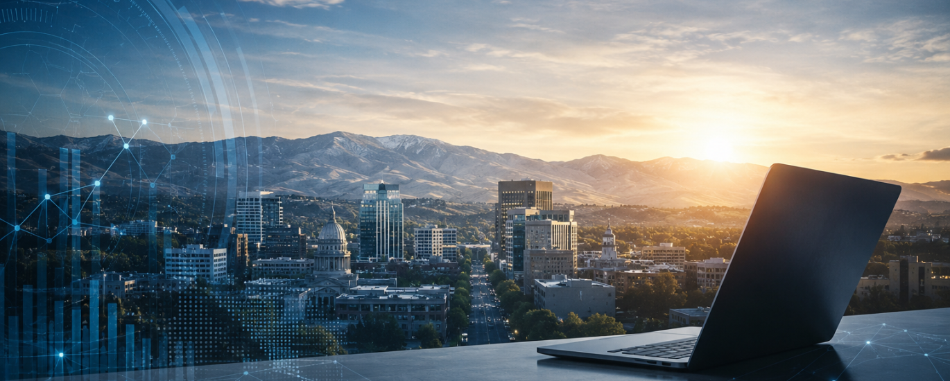 Futuristic Boise skyline with digital SEO infrastructure and AI-driven marketing systems representing modern search optimization.