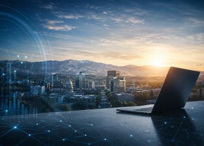 Futuristic Boise skyline with digital SEO infrastructure and AI-driven marketing systems representing modern search optimization.