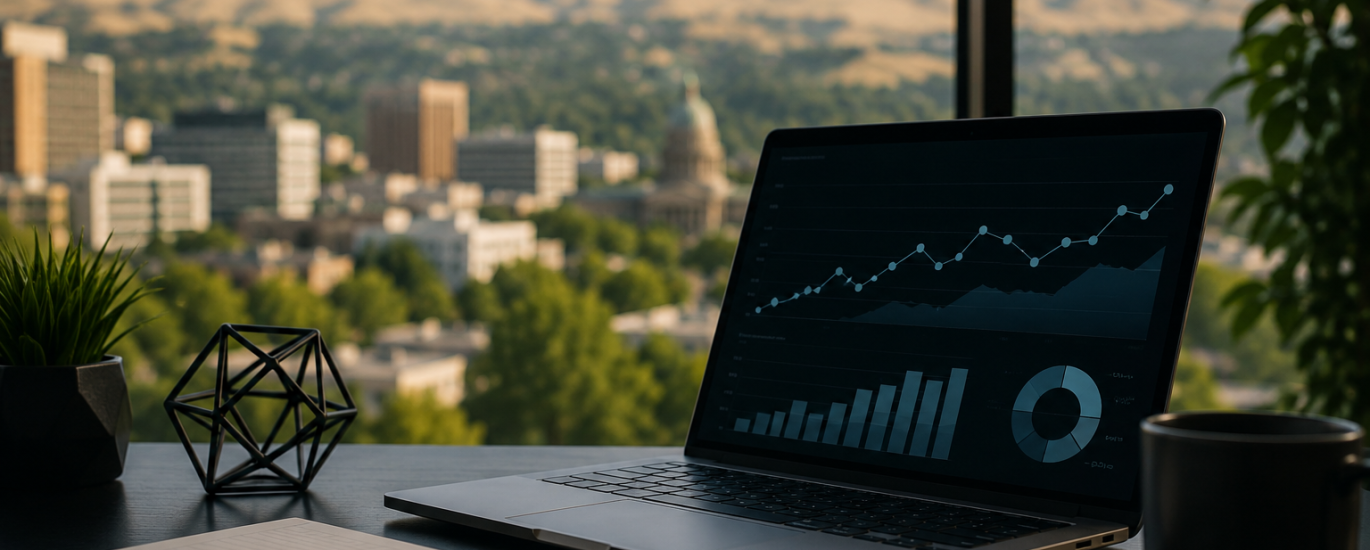 Modern workspace overlooking Boise skyline with laptop analytics dashboard, notebook, and coffee cup representing blog SEO strategy and digital growth.