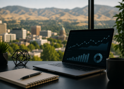 Modern workspace overlooking Boise skyline with laptop analytics dashboard, notebook, and coffee cup representing blog SEO strategy and digital growth.